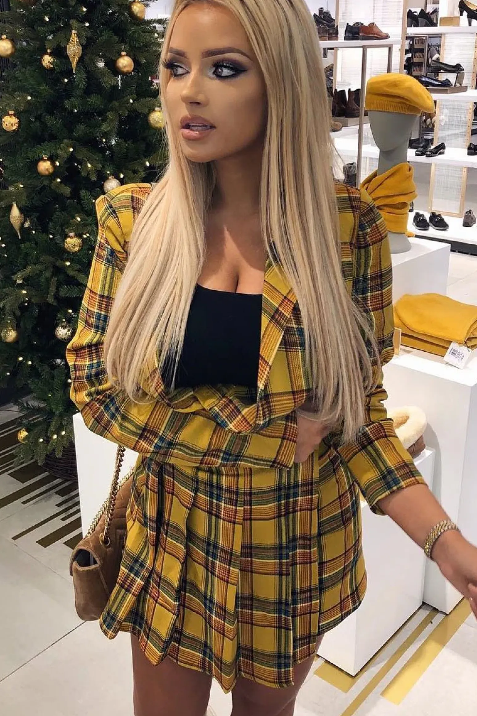 Rebellious Fashion Yellow Tartan Crop Blazer Pleated Skirt Co-Ord - Holly