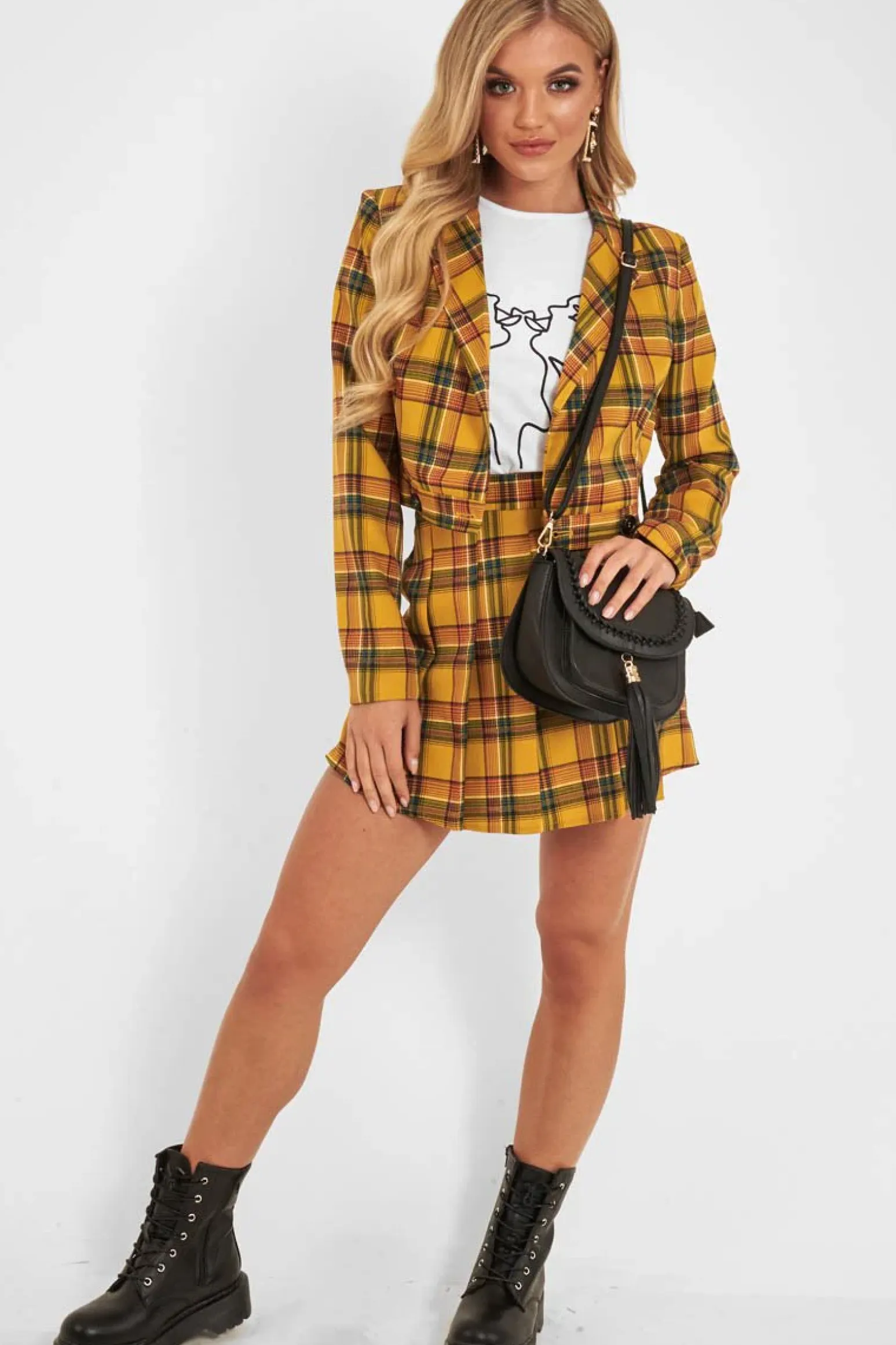 Rebellious Fashion Yellow Tartan Crop Blazer Pleated Skirt Co-Ord - Holly