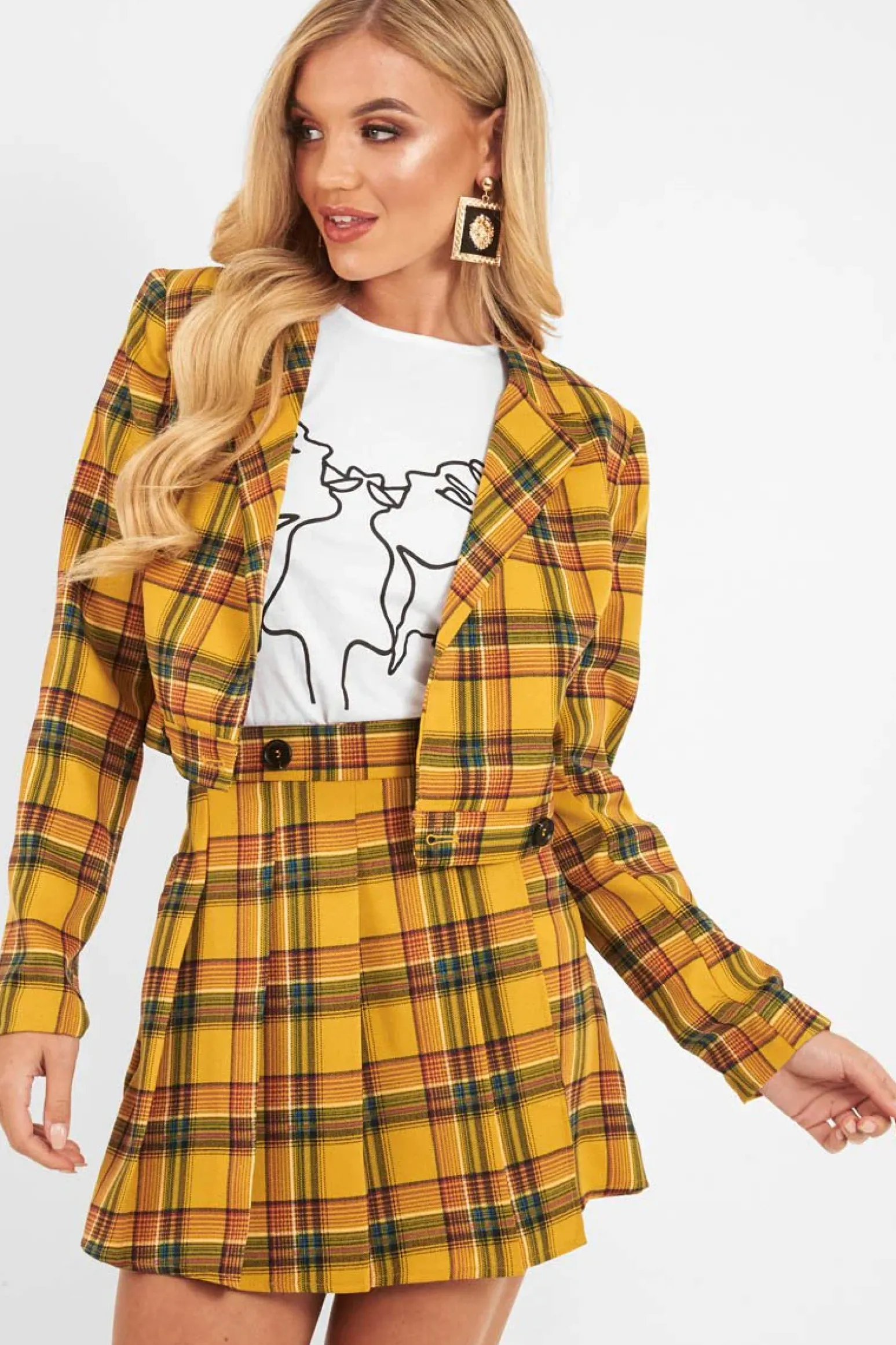 Rebellious Fashion Yellow Tartan Crop Blazer Pleated Skirt Co-Ord - Holly