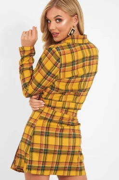 Rebellious Fashion Yellow Tartan Crop Blazer Pleated Skirt Co-Ord - Holly