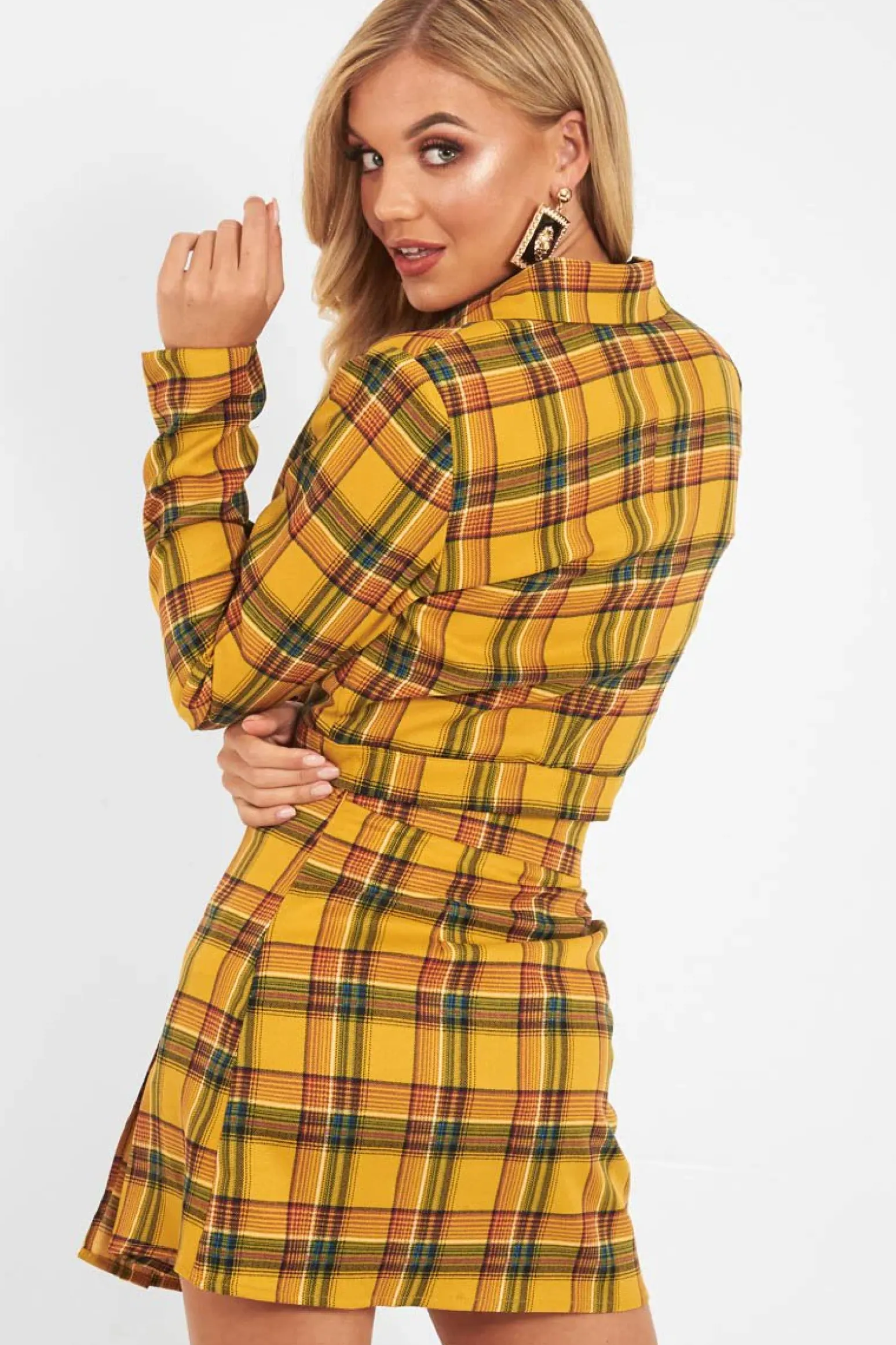 Rebellious Fashion Yellow Tartan Crop Blazer Pleated Skirt Co-Ord - Holly