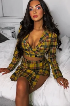 Rebellious Fashion Yellow Tartan Crop Blazer Pleated Skirt Co-Ord - Holly