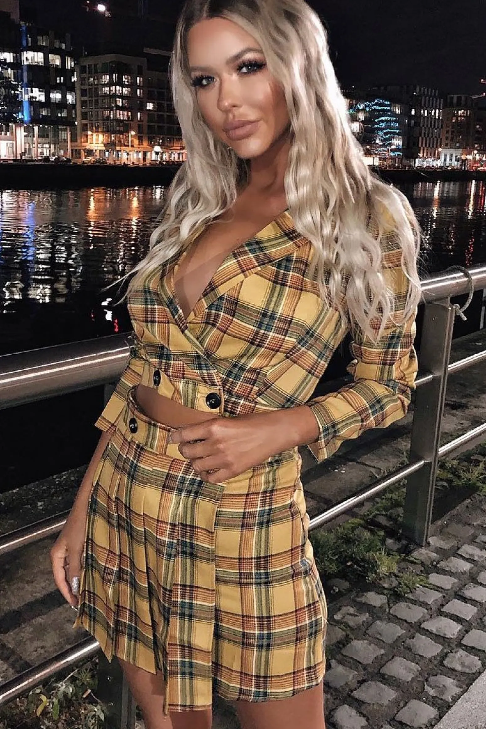 Rebellious Fashion Yellow Tartan Crop Blazer Pleated Skirt Co-Ord - Holly