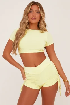 Rebellious Fashion Yellow Tie Back Crop Top & Ruched Side Shorts Co-ord Set - Gianna