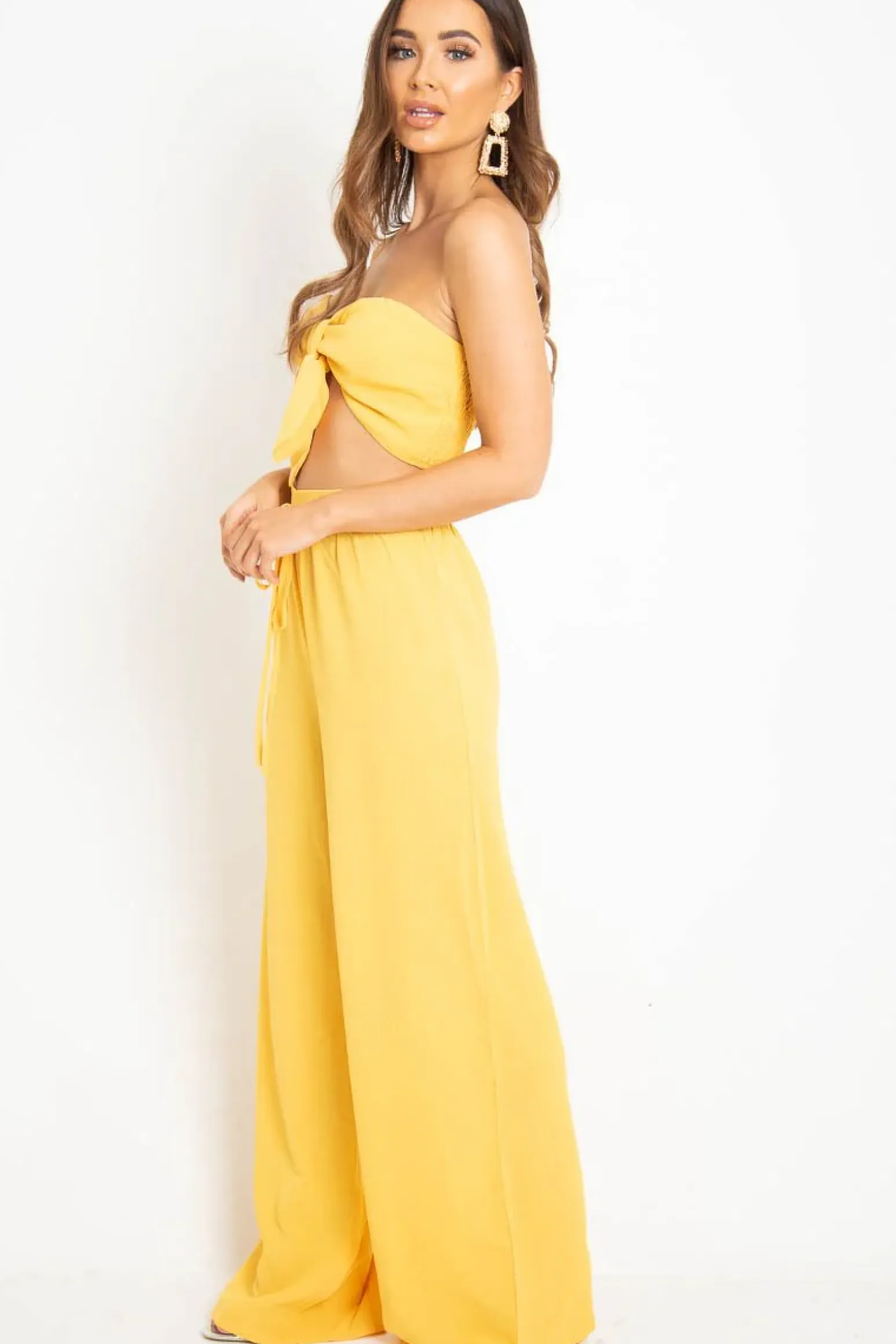 Rebellious Fashion Yellow Tie Front Bandeau Wide Leg Trouser Co-Ord - Roselia