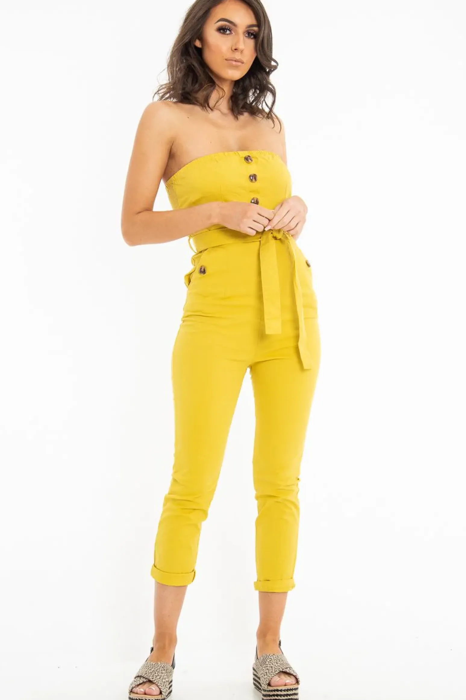 Rebellious Fashion Yellow Tie Waist Sleeveless Jumpsuit - Tamya