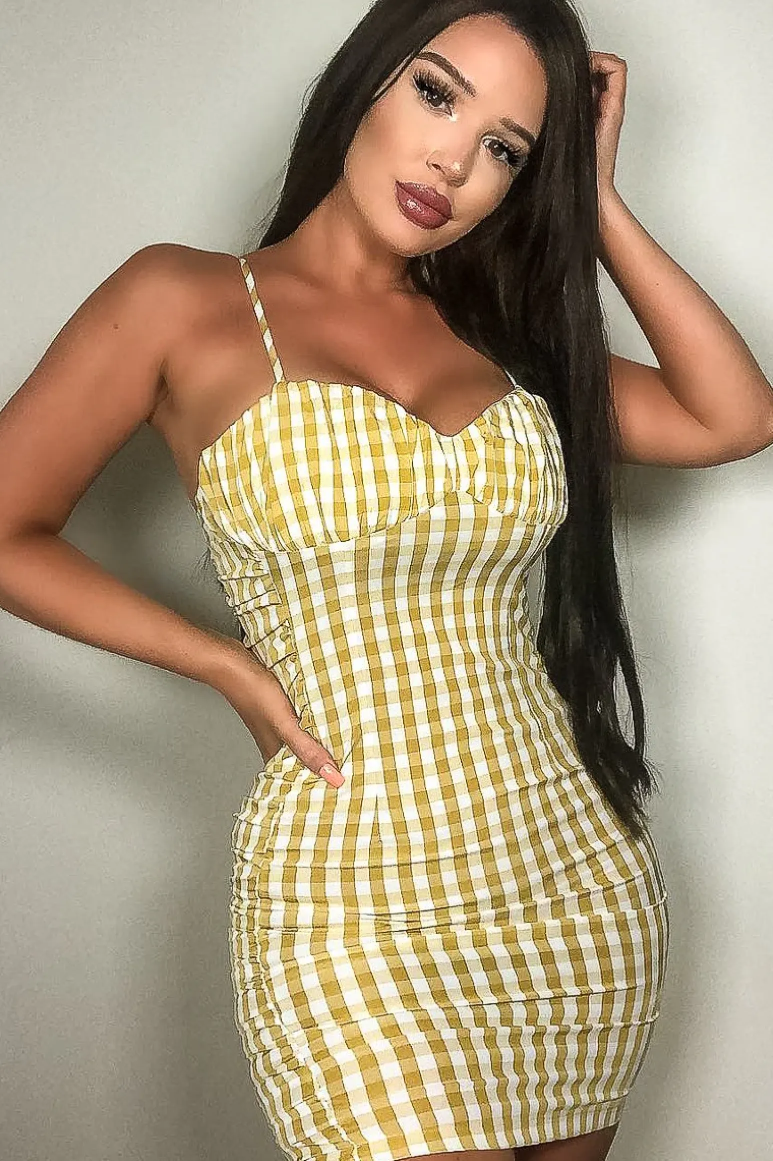 Rebellious Fashion Yellow White Check Sleeveless Shirred Cup Midi Dress - Suzi