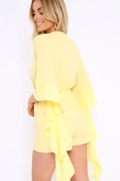 Rebellious Fashion Yellow Wrap Front Flare Sleeve Playsuit - Emoni