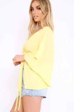 Rebellious Fashion Yellow Wrap Tie Crop Blouse - Kay