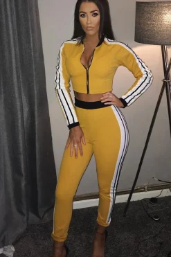Rebellious Fashion Yellow Zip Front Tracksuit with White Side Stripes - Kitty
