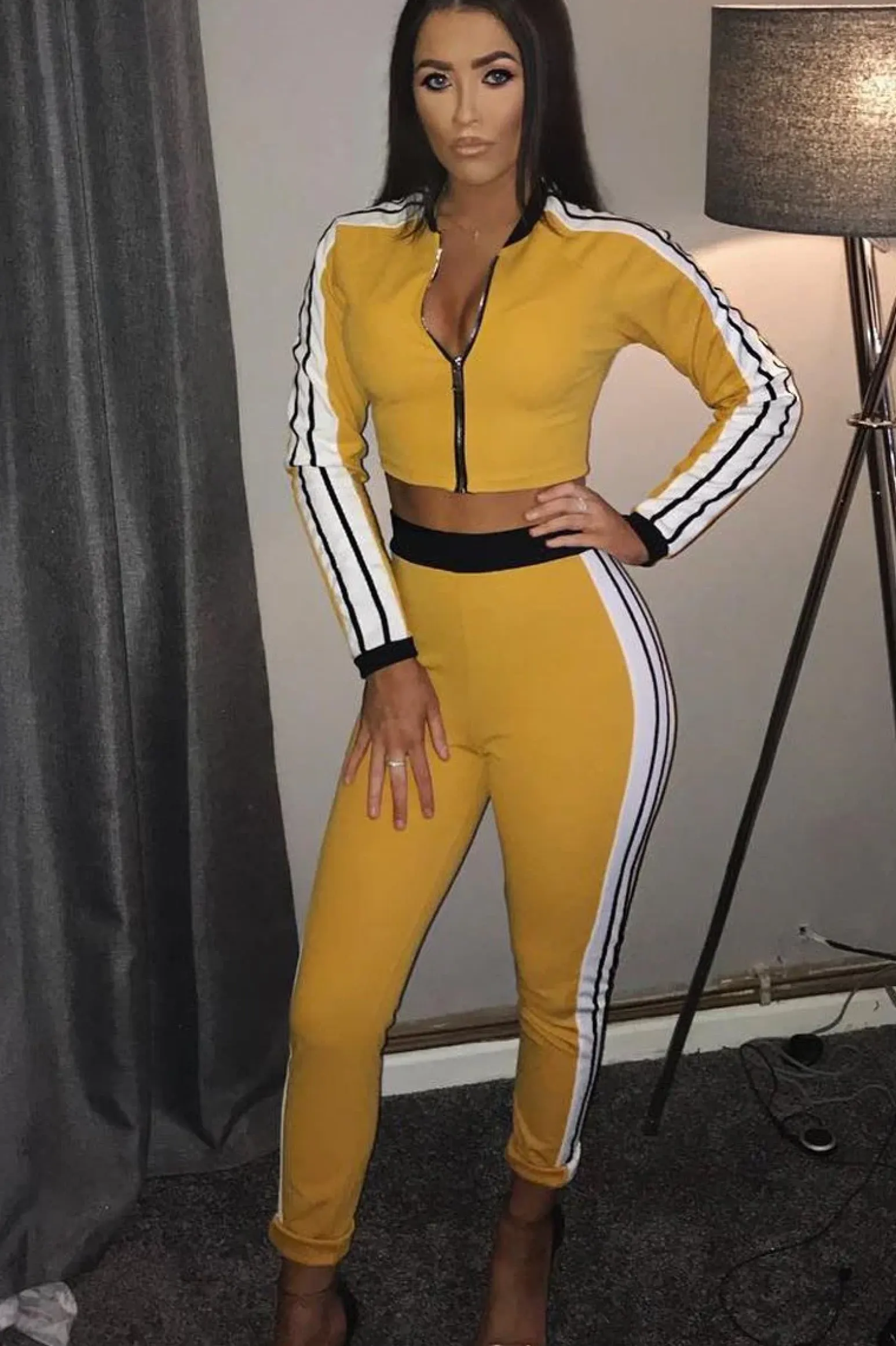 Rebellious Fashion Yellow Zip Front Tracksuit with White Side Stripes - Kitty