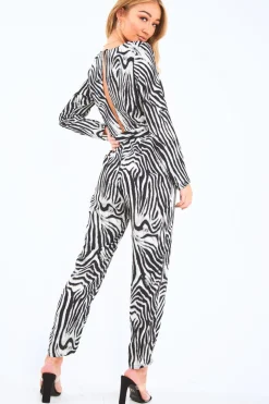 Rebellious Fashion Zebra Plunge Tie Waist Jumpsuit - Ellajane