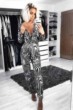 Rebellious Fashion Zebra Plunge Tie Waist Jumpsuit - Ellajane