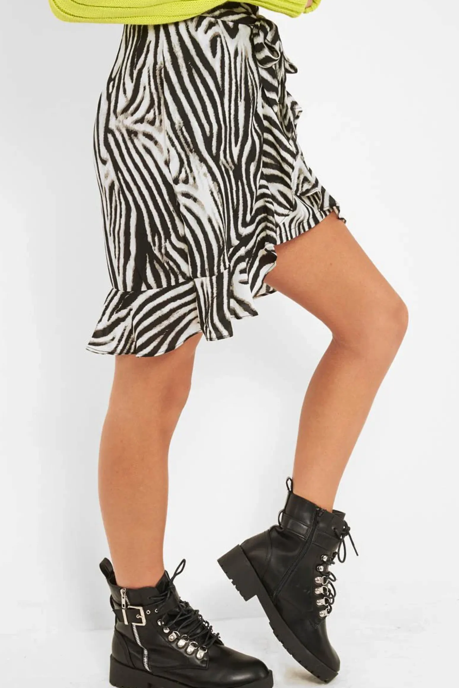 Rebellious Fashion Zebra Print Frill Tie Front Mini Skirt - Daizee