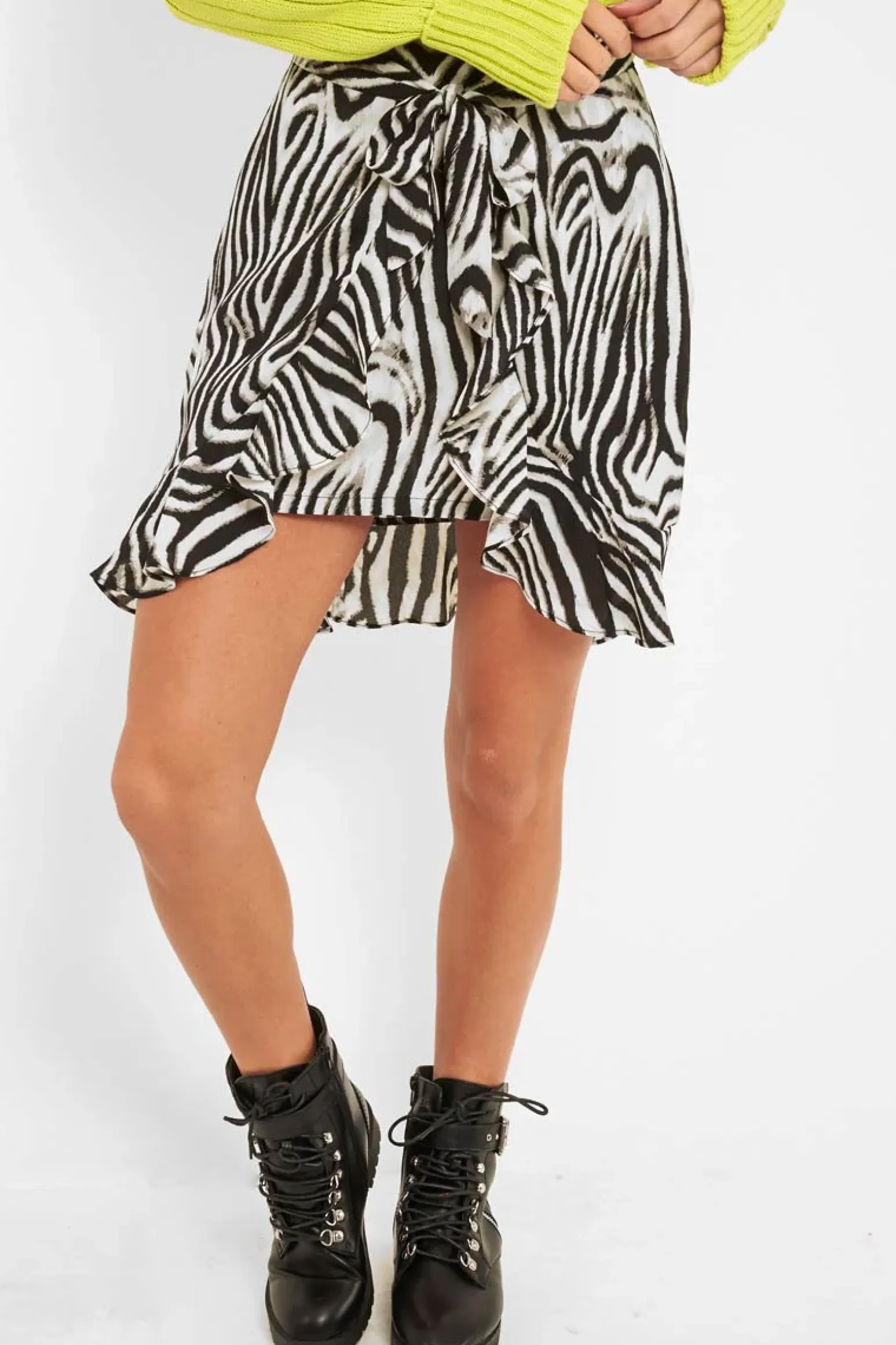 Rebellious Fashion Zebra Print Frill Tie Front Mini Skirt - Daizee