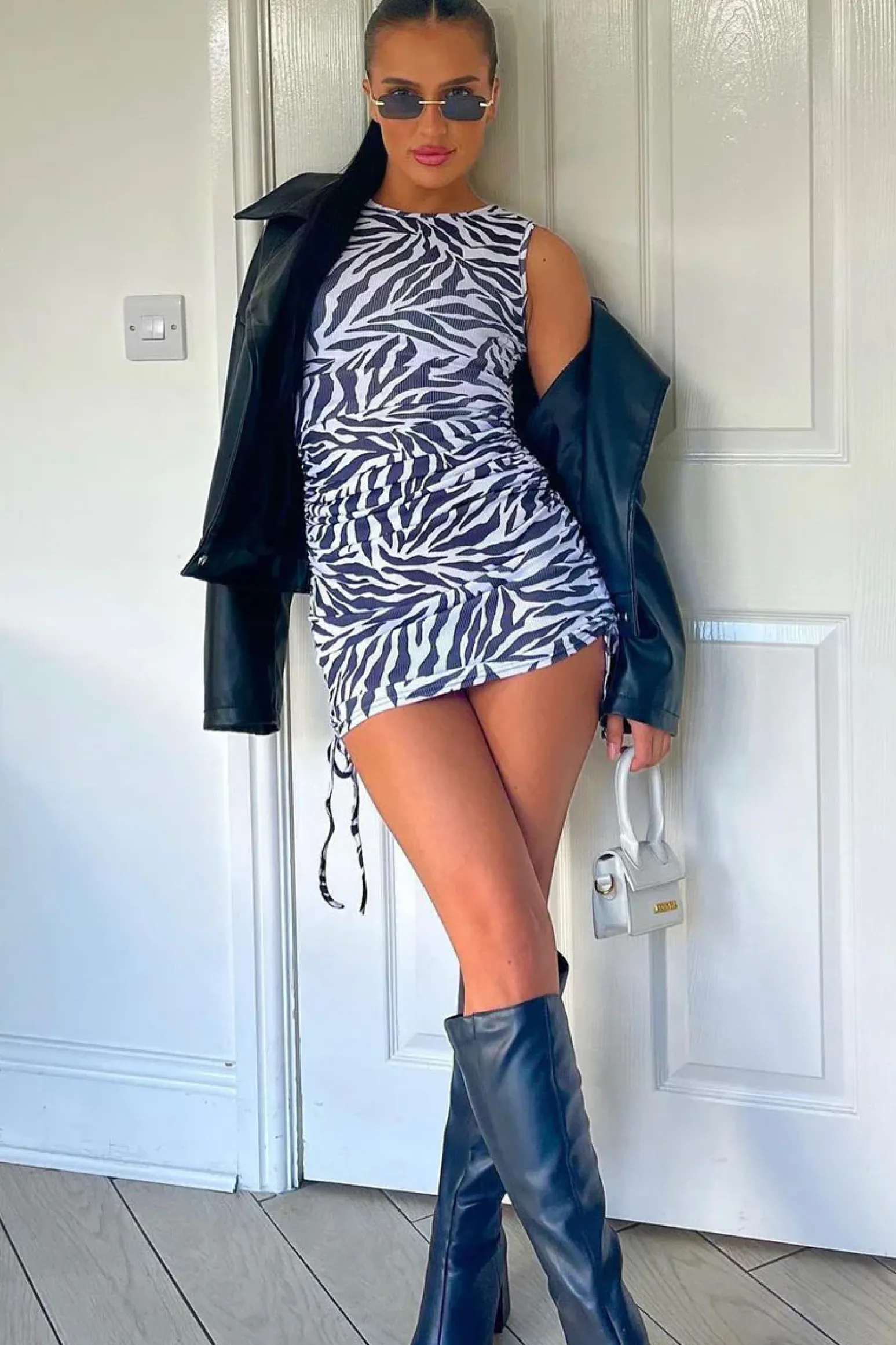 Rebellious Fashion Zebra Print Ribbed Side Ruched Mini Dress - Reni