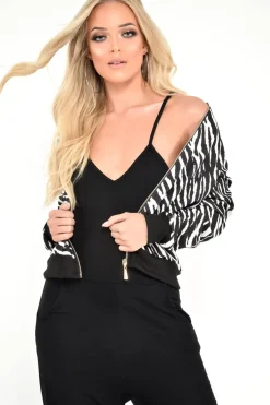 Rebellious Fashion Zebra Print Zip Up Bomber Jacket - Elianis
